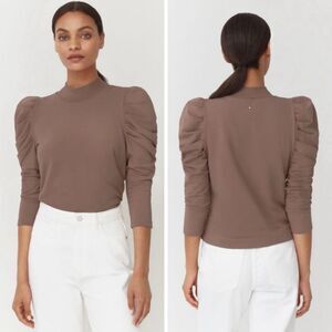 Cuyana French Terry Puff Sleeve Sweatshirt Top Womens L Mushroom Tan Pima Cotton